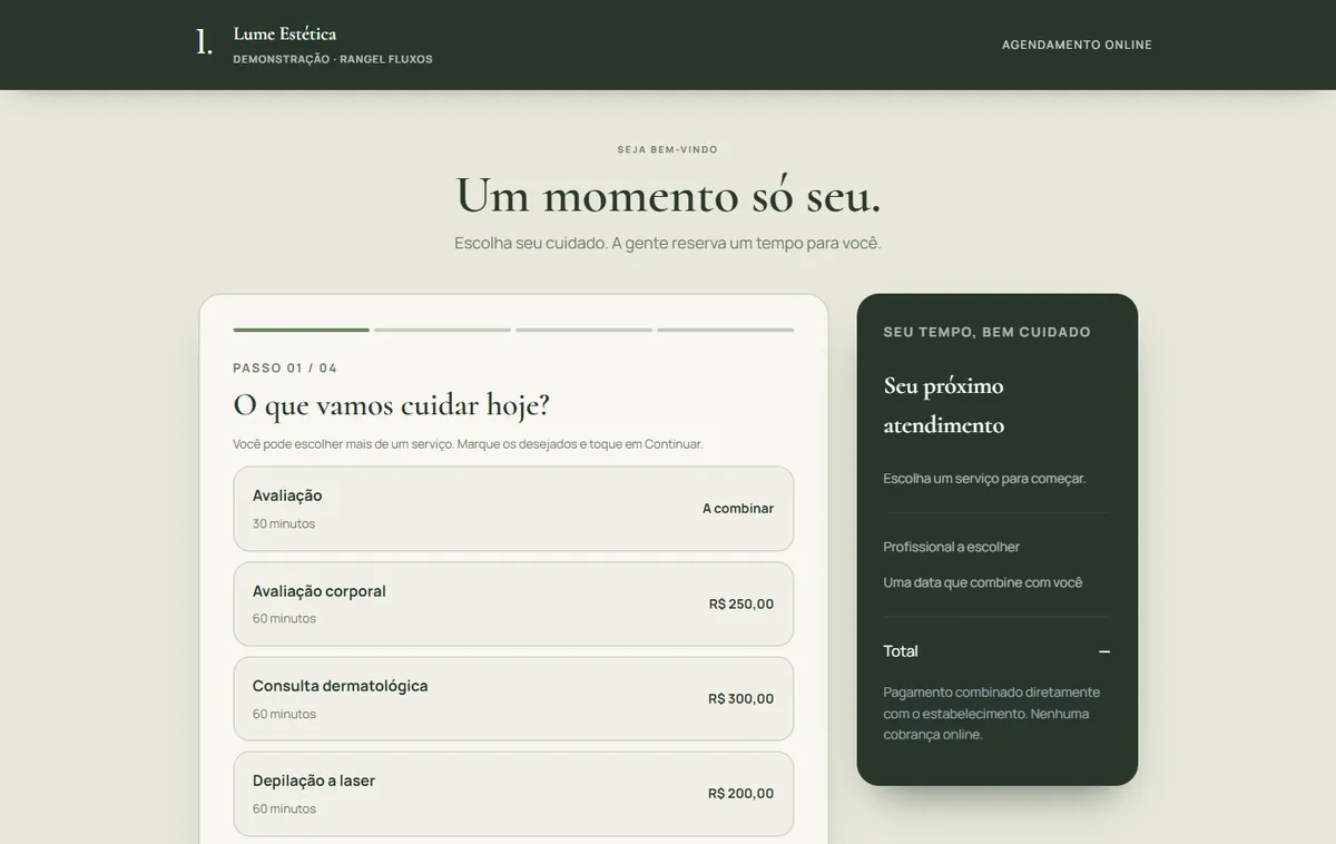 Tela de agendamento online do Lume Estética