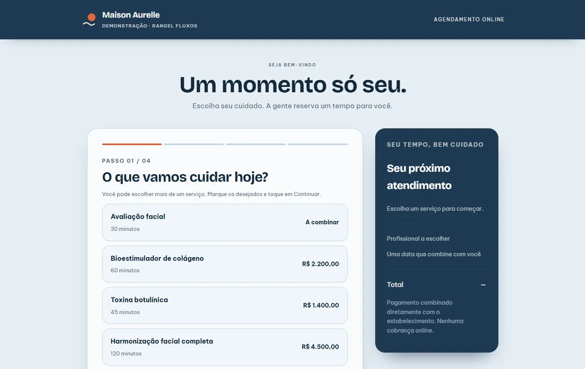 Tela de agendamento online do Maison Aurelle