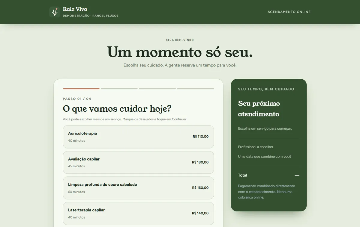 Tela de agendamento online do Raiz Viva